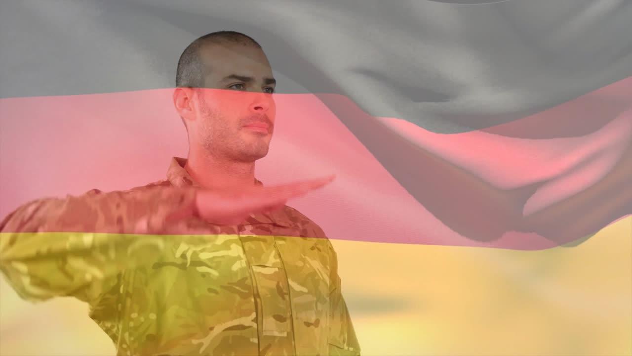 Militærmand skifter stilling og saluterer i ærbødighed over for det tyske flag med en animeret baggrund.