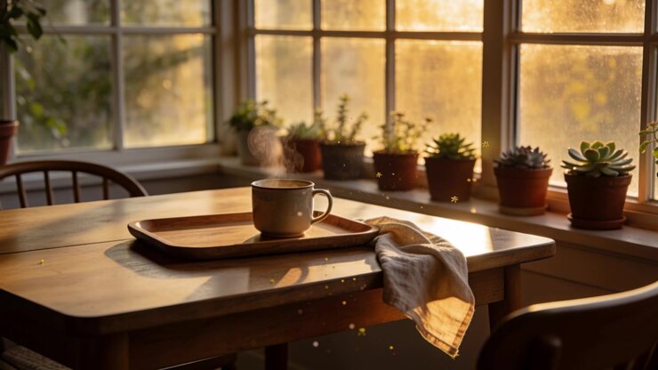 Streaming sunlight showing steam rising from mug on wood tray in home nook with succulents, motes