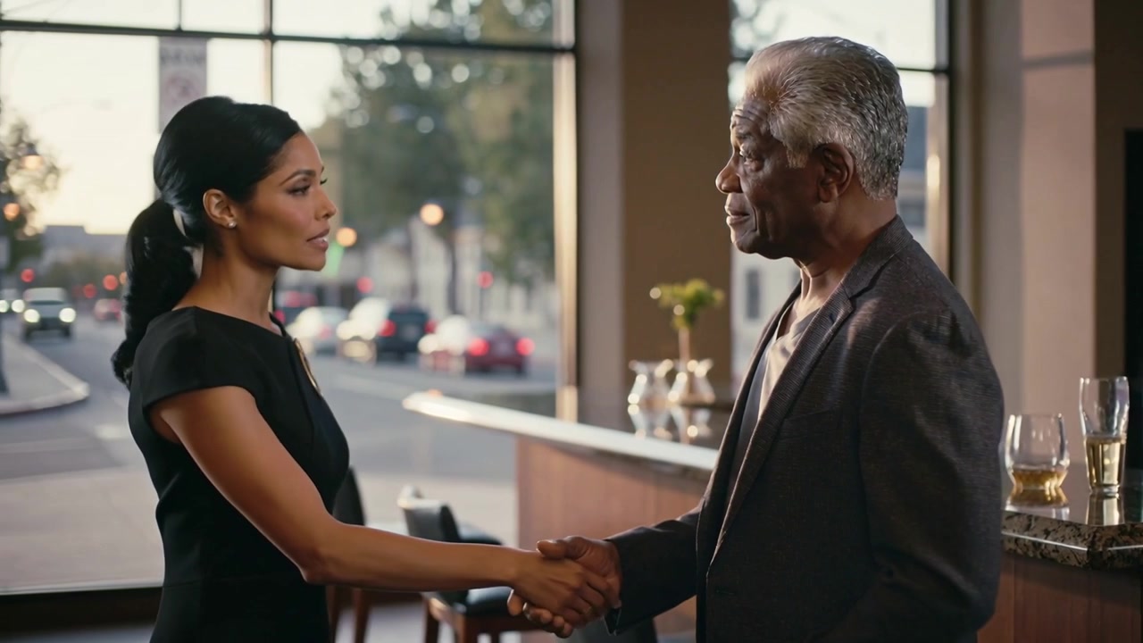 Shaking hands, woman in black dress and man chatting for work at bar window, releasing hands