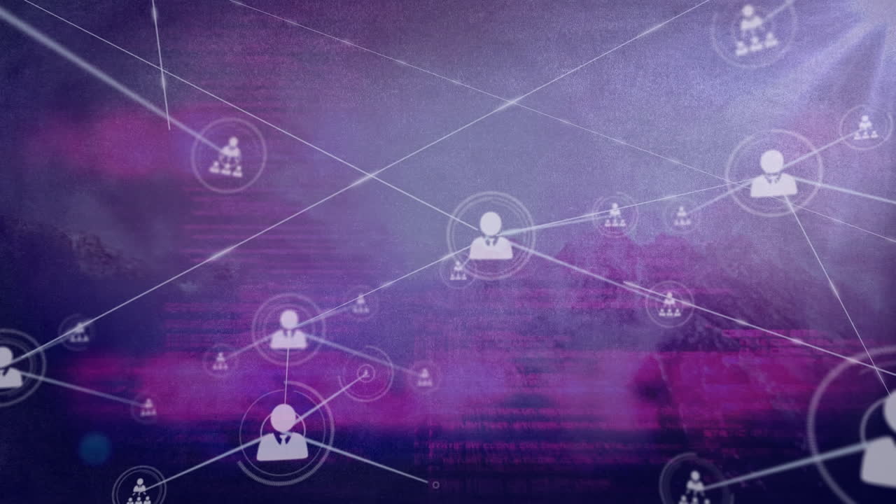 animación de redes de conexiones con iconos sobre montañas