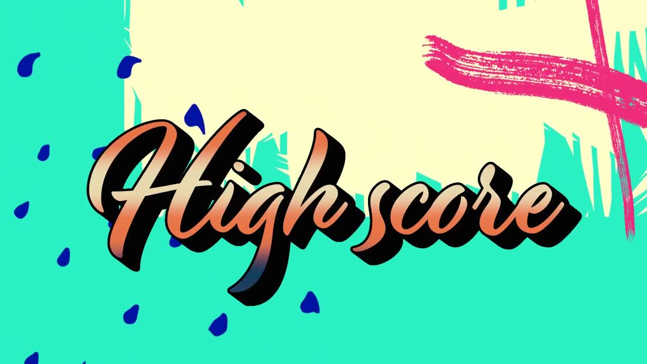 Animation of high score text over shapes on green background