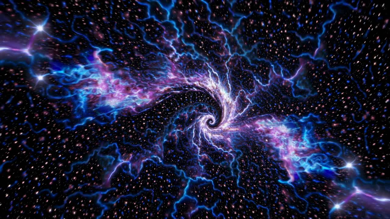 A mesmerizing cosmic spiral with vibrant blues and purples, captured from a top-down angle