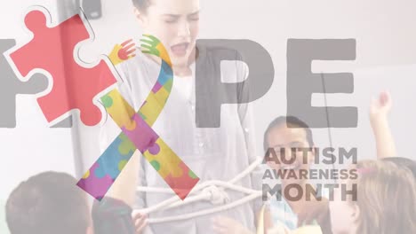 Animation-of-puzzle-pieces-and-autism-awareness-month-text-over-diverse-schoolchildren-and-teacher