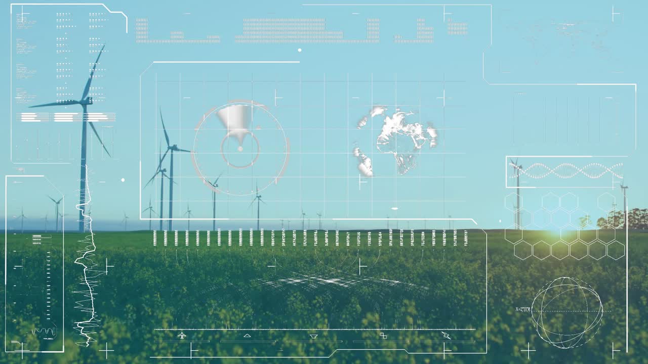 In field, animation of wind turbines with digital data overlay for energy analytics
