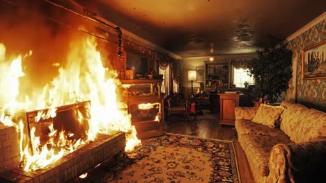 a living room filled with furniture and a fire in the fireplace