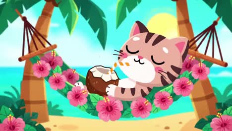 A Cute Cat Enjoys a Relaxing Day on a Tropical Beach in a Cozy Hammock Surrounded by Vibrant Flowers and a Refreshing Coconut Drink