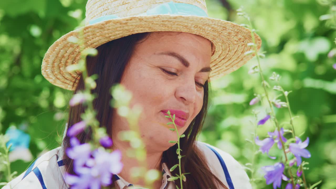 정원에서 꽃을 즐기는 여자