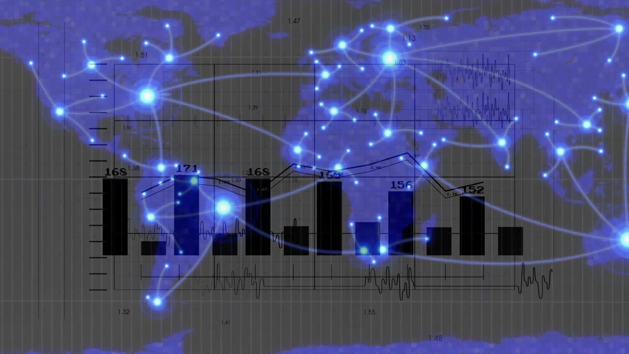 Bar chart arising, line graph and map fading showing labels updating and nodes connecting globally