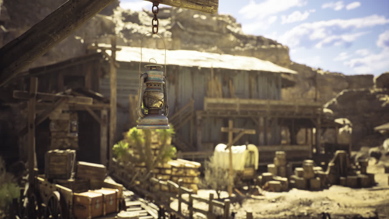 Old lantern hangs on rugged railway near weathered wooden building