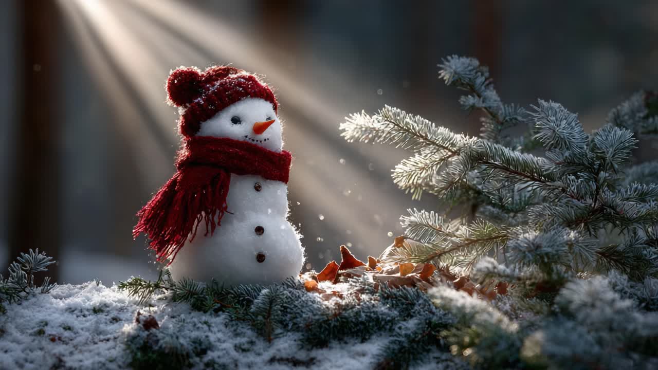 A Beautiful Snowman Enjoying a Serene Winter Landscape Illuminated by Soft Sunlight Filtering Through Snow-Covered Pines and Frosty Surroundings
