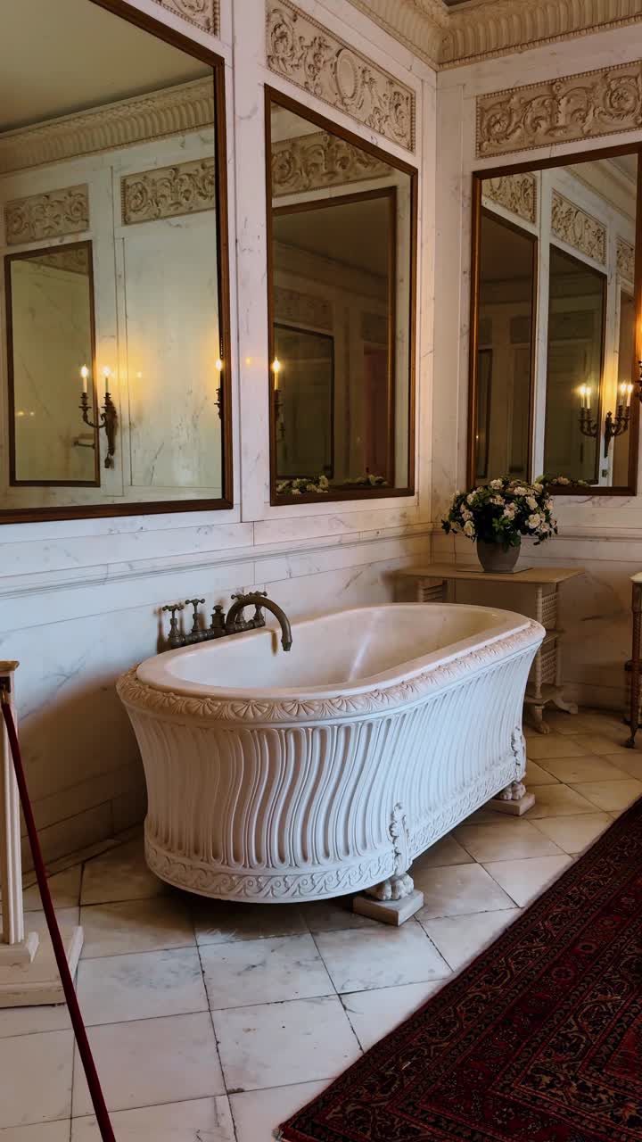 Detailed view of white marble bathtub in historic mansion. Close-up of a carved marble bathtub in a luxury bathroom with mirrors and classical wall ornaments