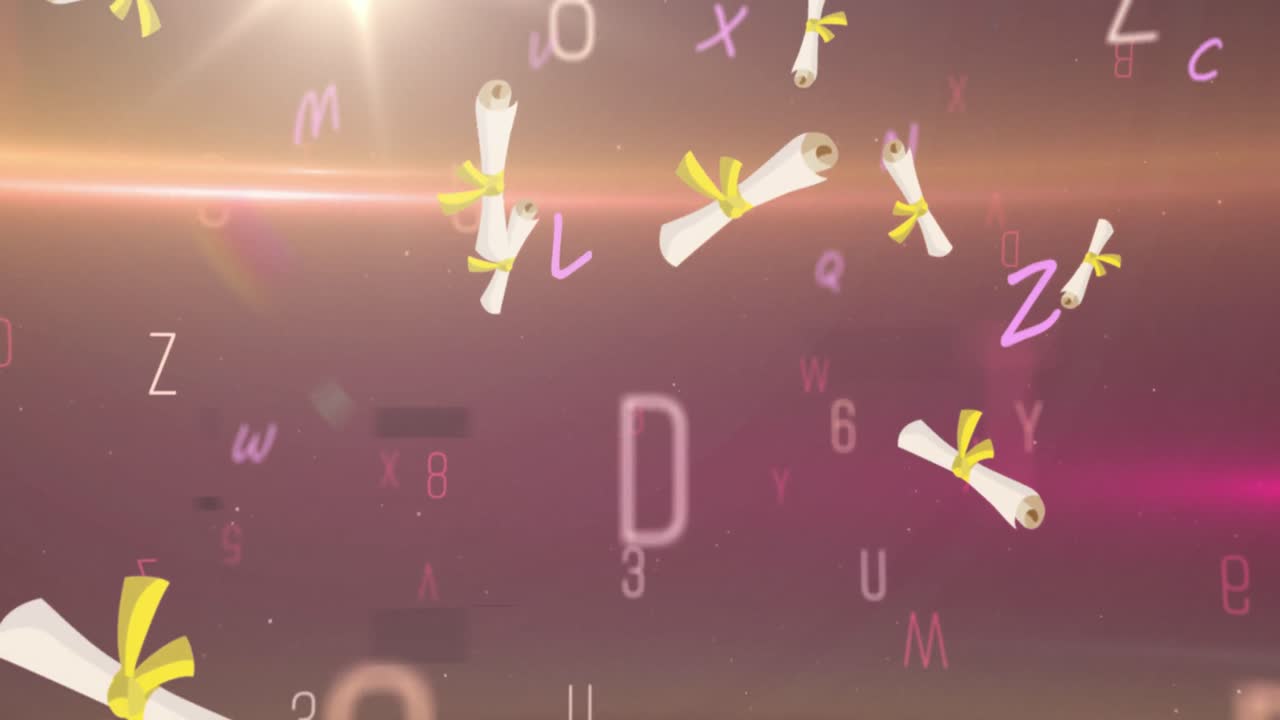 Digital animation of multiple diploma degree falling against spot of light on purple background