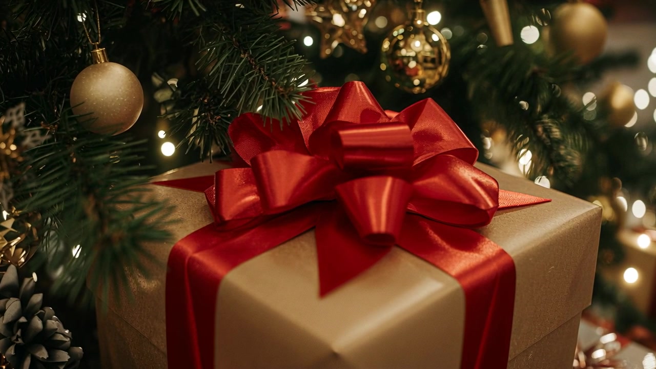 La telecamera si sposta verso un regalo incartato sotto un sempreverde, enfatizzando il nastro rosso lucido e un bokeh caldo.