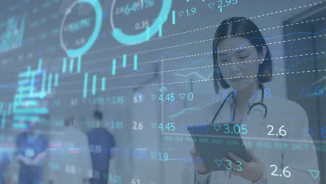 analyzing financial data animation over medical professionals in hospital setting