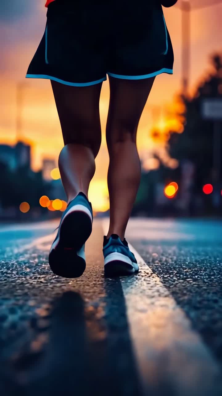Low-angle shot of a runner's legs on a wet road at sunset, capturing motion and energy