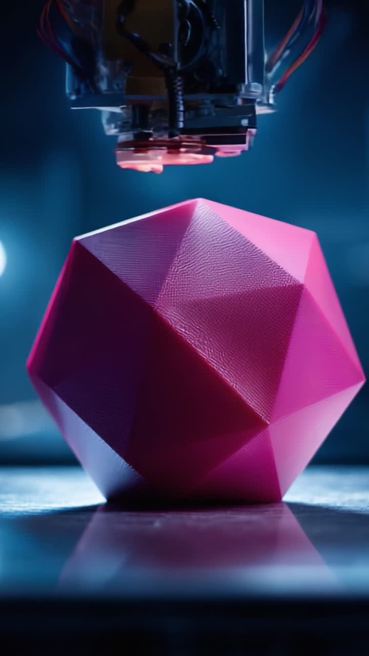 Prezentacja innowacyjnego procesu druku 3D: Tworzenie żywej różowej figury geometrycznej przy użyciu precyzyjnej technologii w kontrolowanym środowisku oświetleniowym.