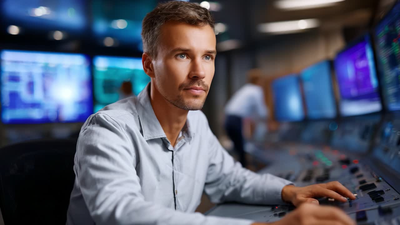 Focused Operator Analyzing Data on Multiple Screens in a Control Room, Demonstrating Precision and Dedication to Task at Hand During Intensive Monitoring Session