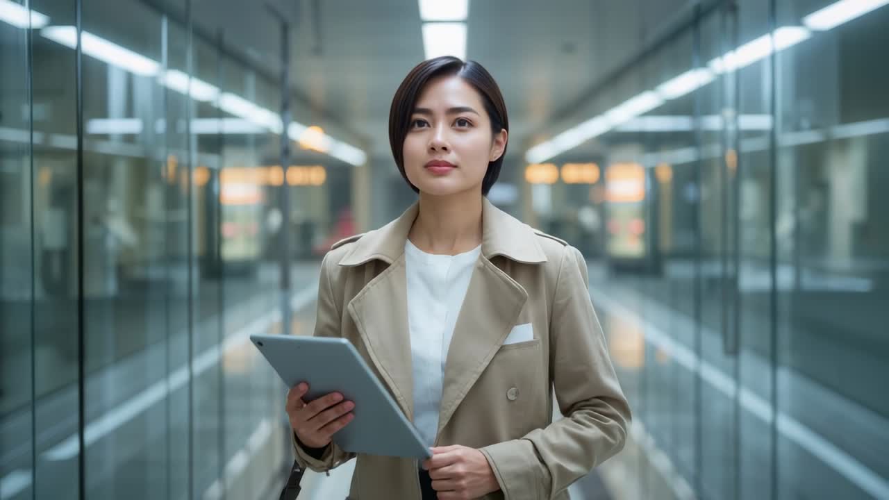 Walking Asian woman in tan coat checking work tablet on glass moving walkway, smiling, holding bag