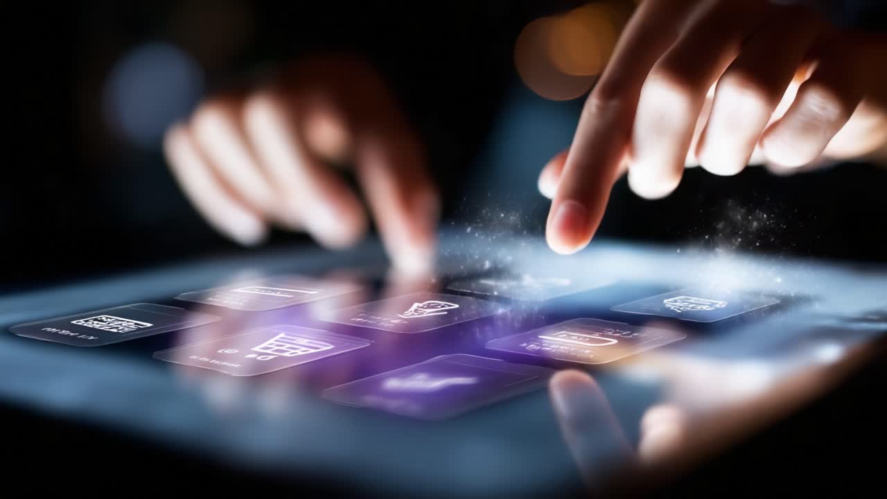 A Close-Up of Hands Interacting with a Touchscreen Display, Showcasing Dynamic App Icons and Vibrant Visual Elements in a Digital Environment at Night