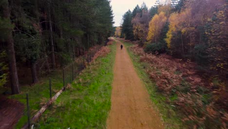 drone following shot of a man on motorcycle ride along a dirt road on the outskirts of thetford forest in north of suffolk, uk on a cloudy day