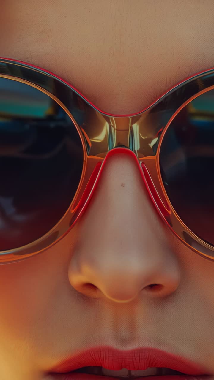 Vertical video: Shifting lighting across Asian woman in studio wearing round gold-frame sunglasses