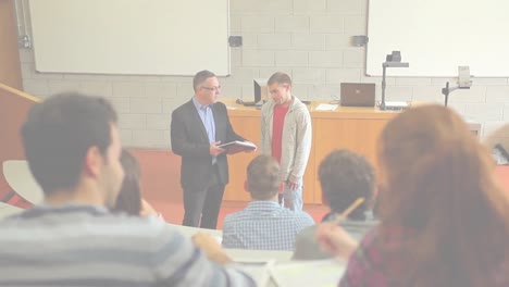 animation of light background over caucasian male teacher with diverse students talking