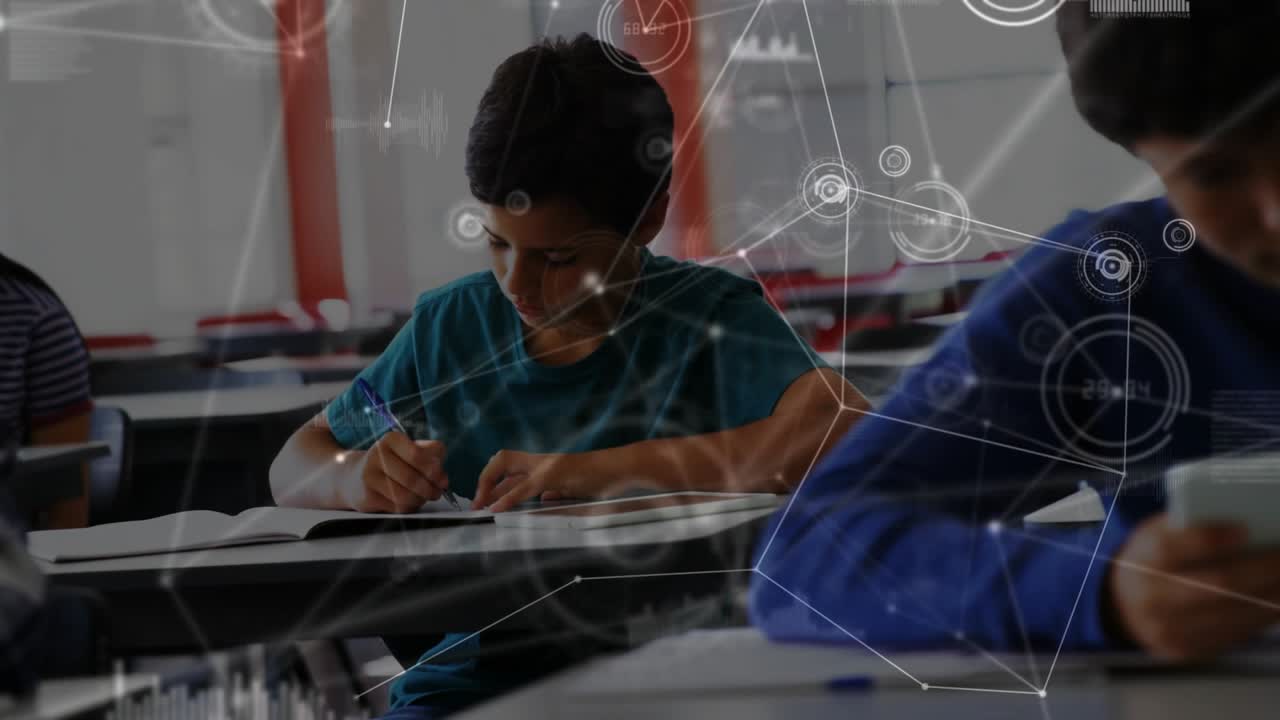 Boy in teal shirt writing notes in classroom, initiating data overlays showing learning tools
