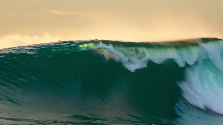 A large wave crashing in the ocean at sunset