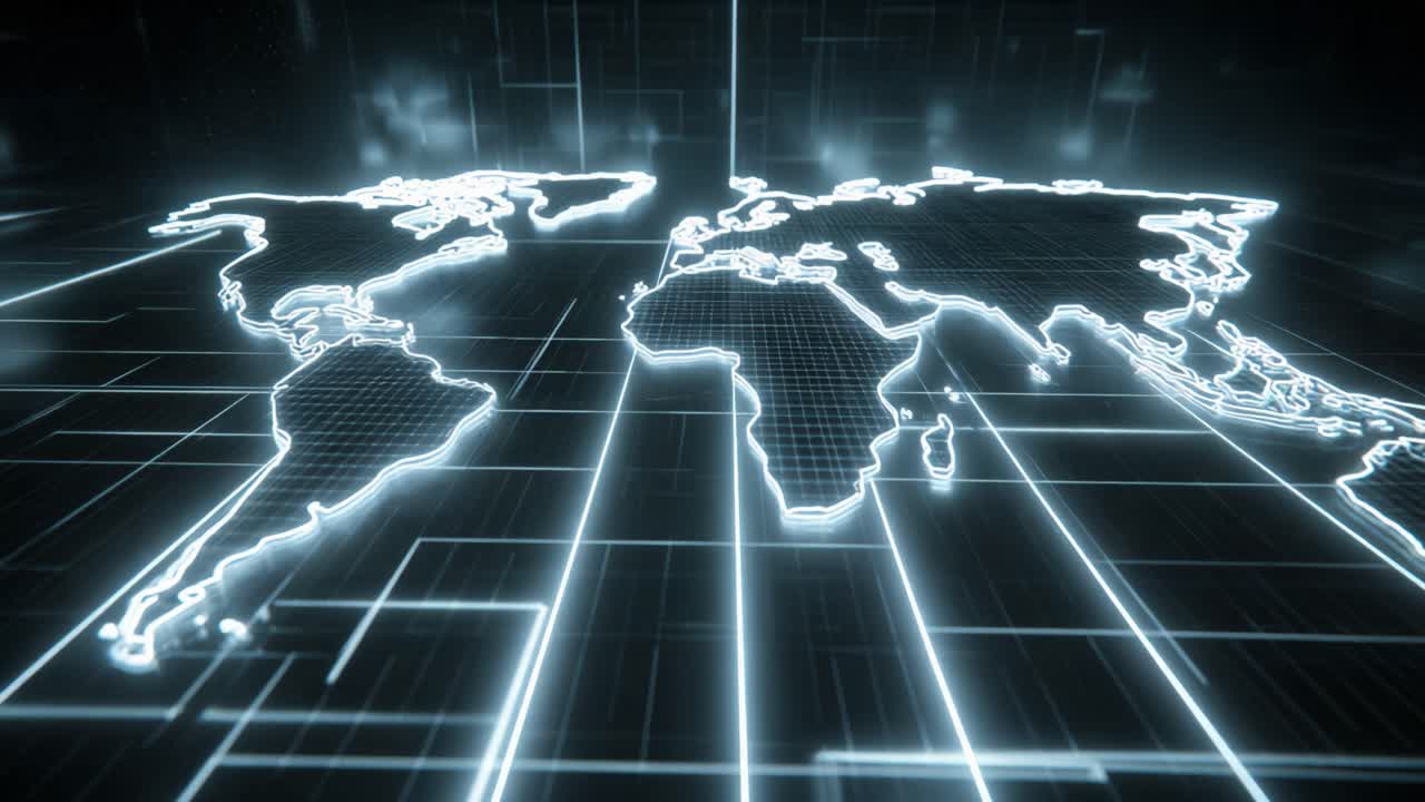 Glowing world map with continents outlined in light floats above a futuristic digital grid, symbolizing global communication, technology, international business, and worldwide data networks