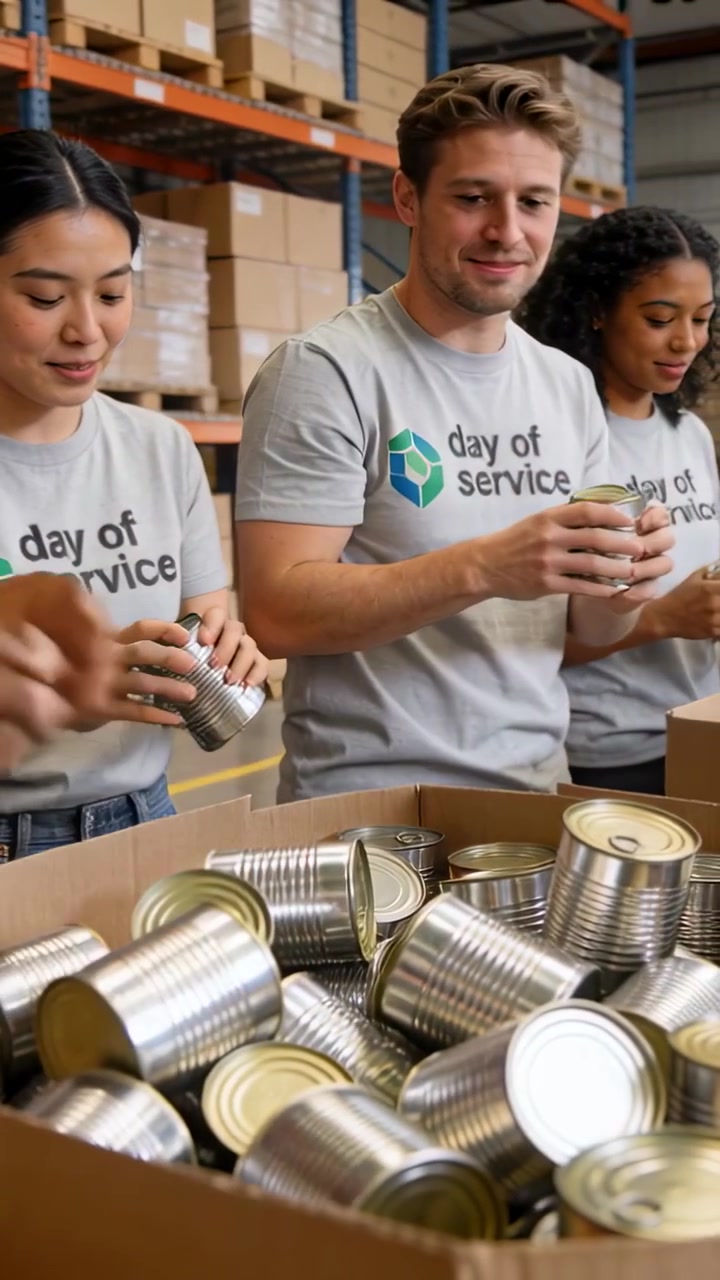 Vertical video: Scooping cans from bin in warehouse 3 volunteers in day shirts packing food boxes