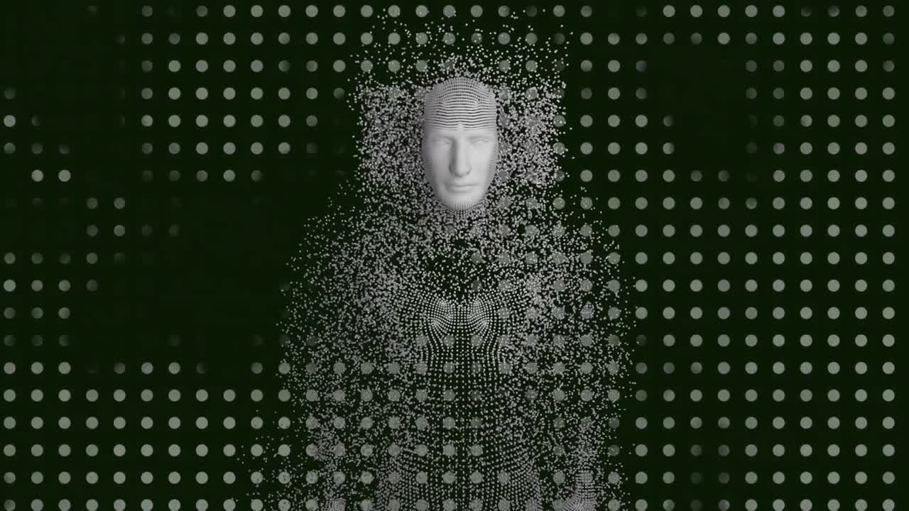 Animation of exploding human bust formed with grey particles on green background