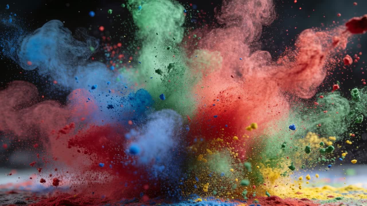 Bursting color powder cloud expanding on studio set for camera mixing ...