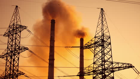 dangerous pollution of the environment. smoke stacks from industry among electricity pylons against the evening sky. air pollution at sunset.