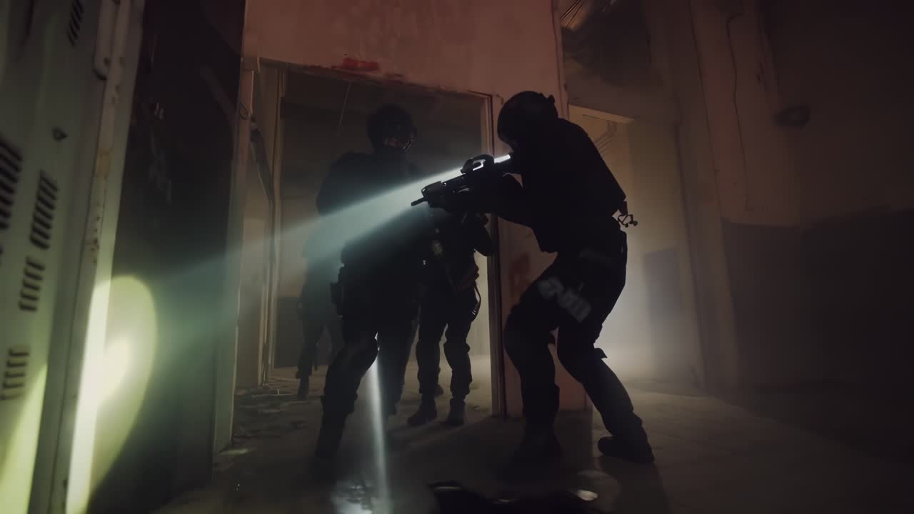 Dynamic low-angle shot of armed soldiers in a dim hallway, evoking a tense action video scene
