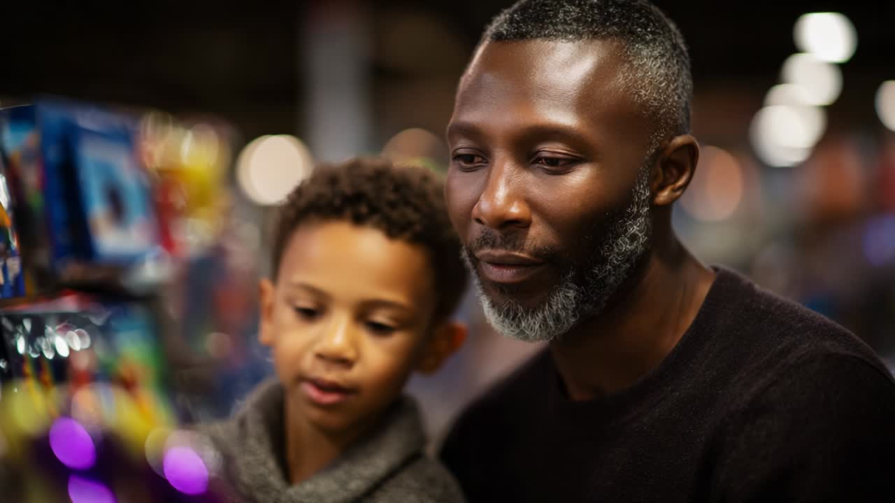 Un momento toccante di unione: un padre e un figlio insieme in un negozio, che esplorano prodotti colorati con meraviglia e curiosità, creando ricordi duraturi attraverso esperienze condivise