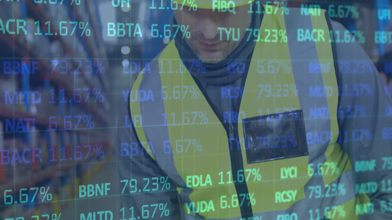 창고에서 일하는 사람에 대한 금융 데이터 처리의 애니메이션