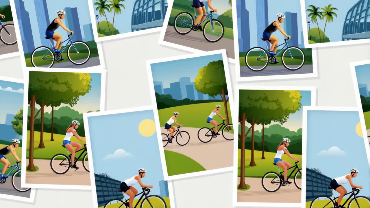 Collage di persone in bicicletta in varie ambientazioni
