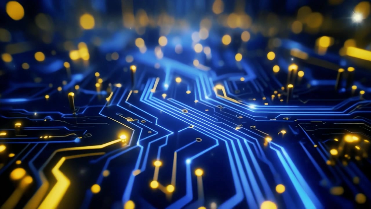 Abstract Digital Circuit Board with Glowing Blue and Yellow Data Streams