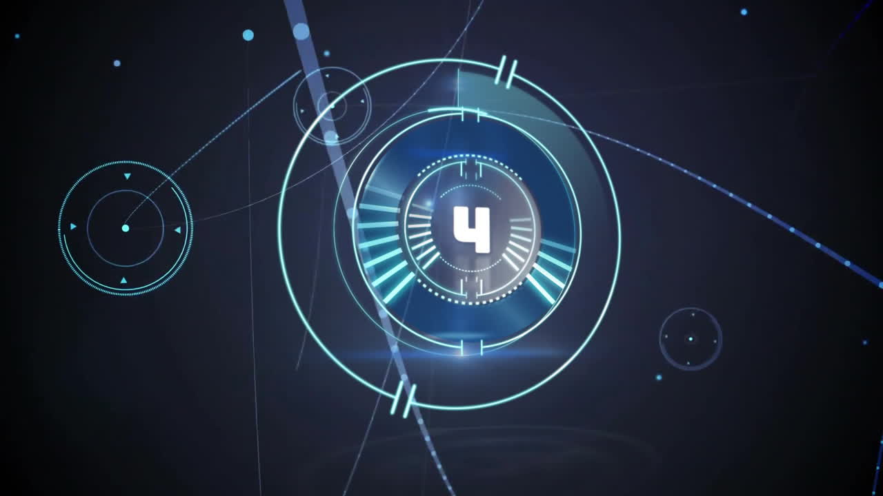 Digital countdown animation with futuristic circles and lines over dark background