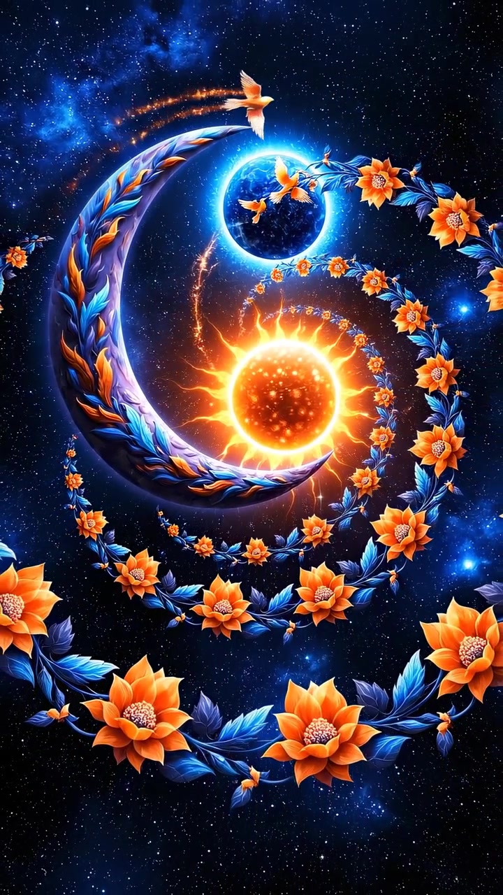Scena cosmica surreale con sole luminoso, luna crescente e fiori fluttuanti