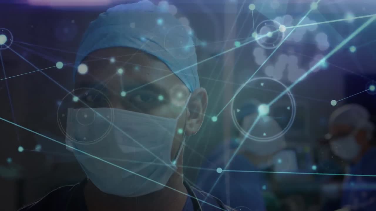 얼굴 마스크를 입은 아프리카계 미국인 남성 외과 의사에 대한 연결 네트워크의 애니메이션