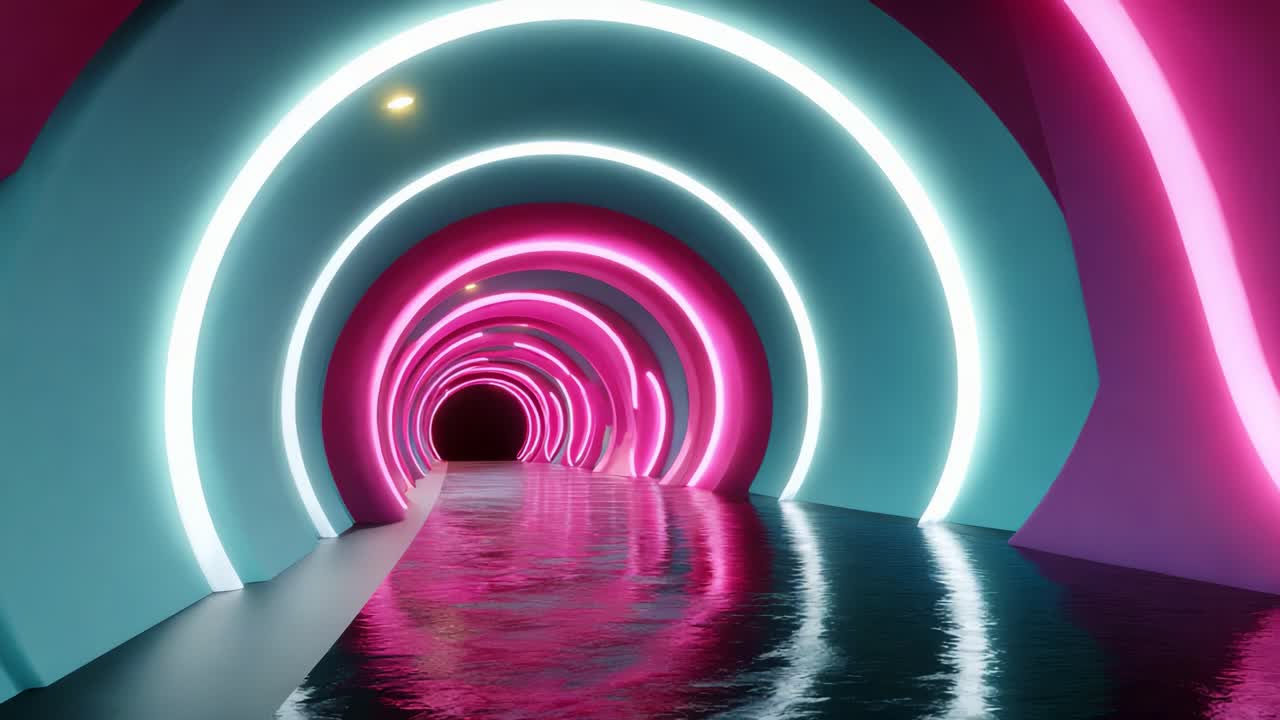An Ethereal Journey Through a Neon-Lit Tunnel: A Mesmerizing Exploration of Vibrant Colors, Reflective Water, and Architectural Innovation in a Futuristic Design Concept