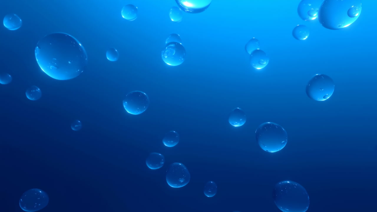 Underwater Blue Bubbles Rising Toward Surface With Soft Light Gradient And Floating Spheres, Tranquil Marine