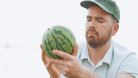 farmer examining watermelon in greenhouse