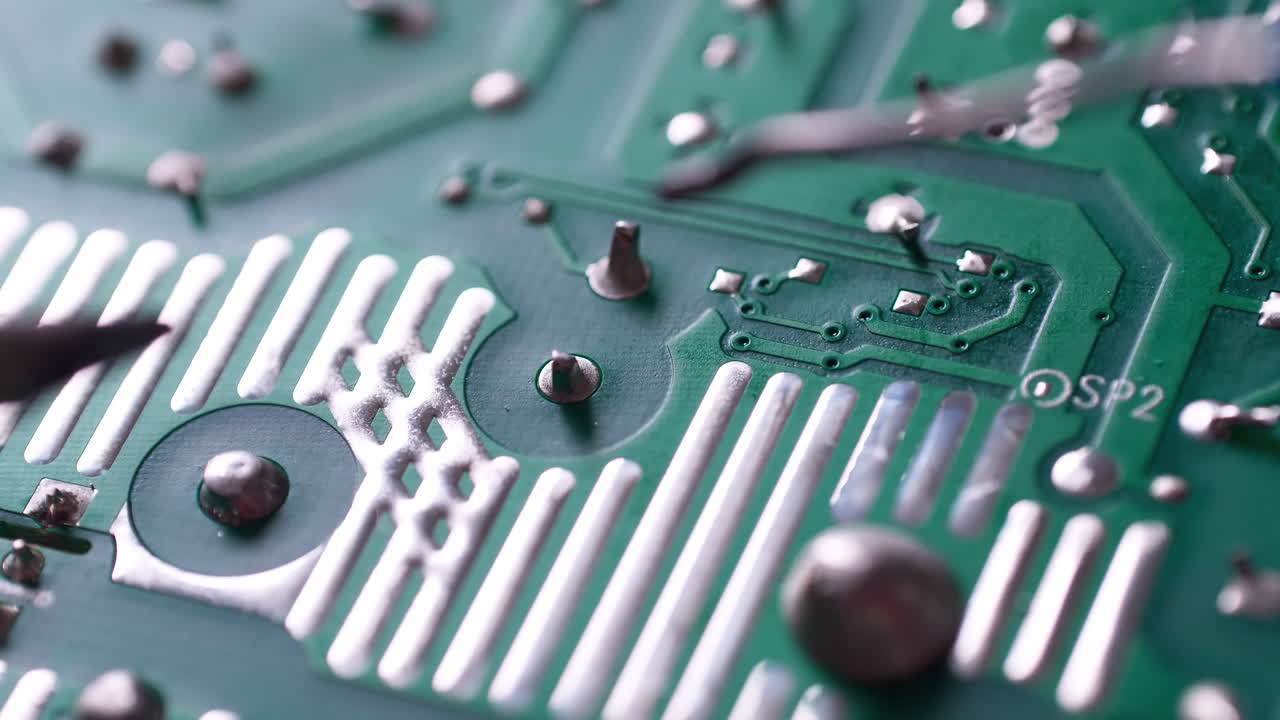Close-up of a technician's soldering tools while repairing some parts of a circuit board panel