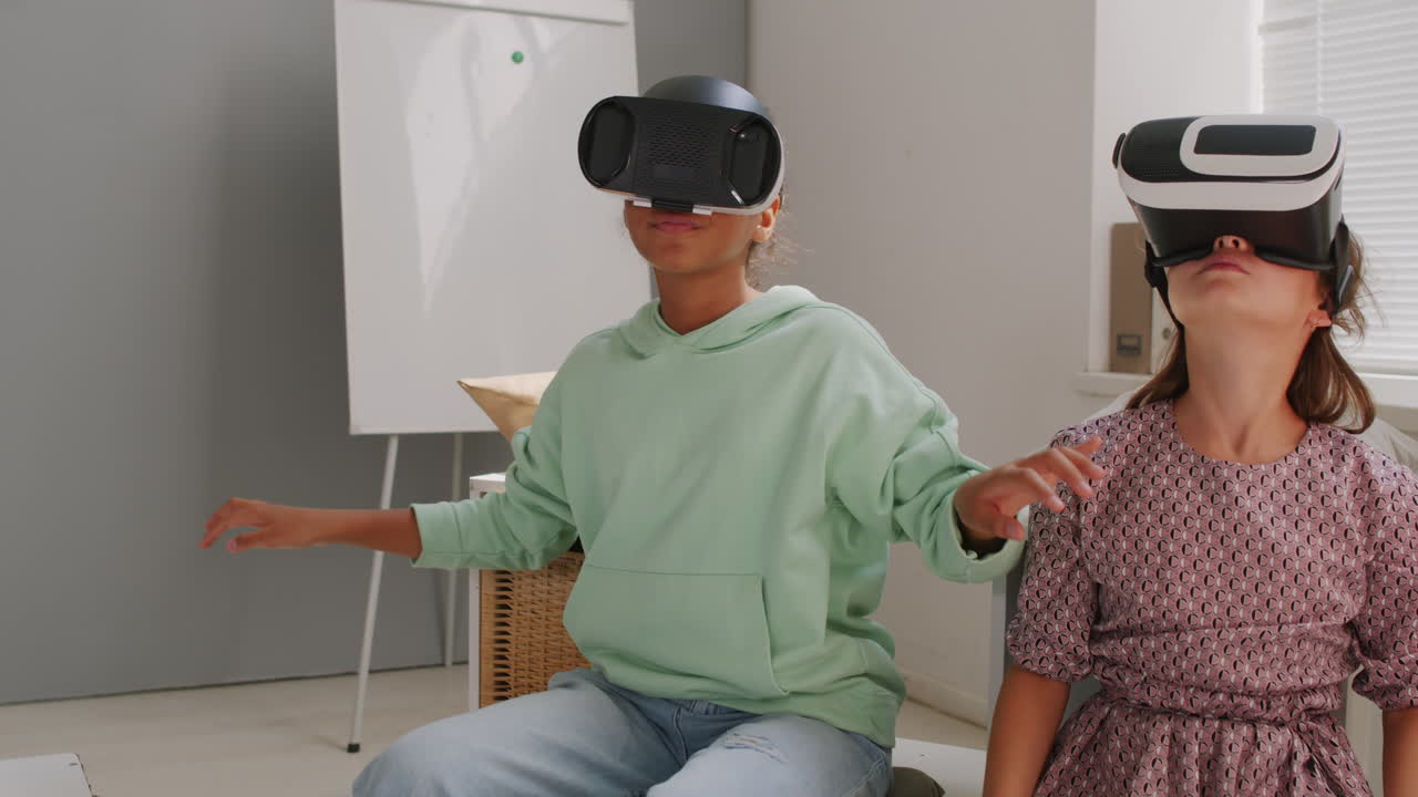 Schoolgirls Using VR Goggles in Class