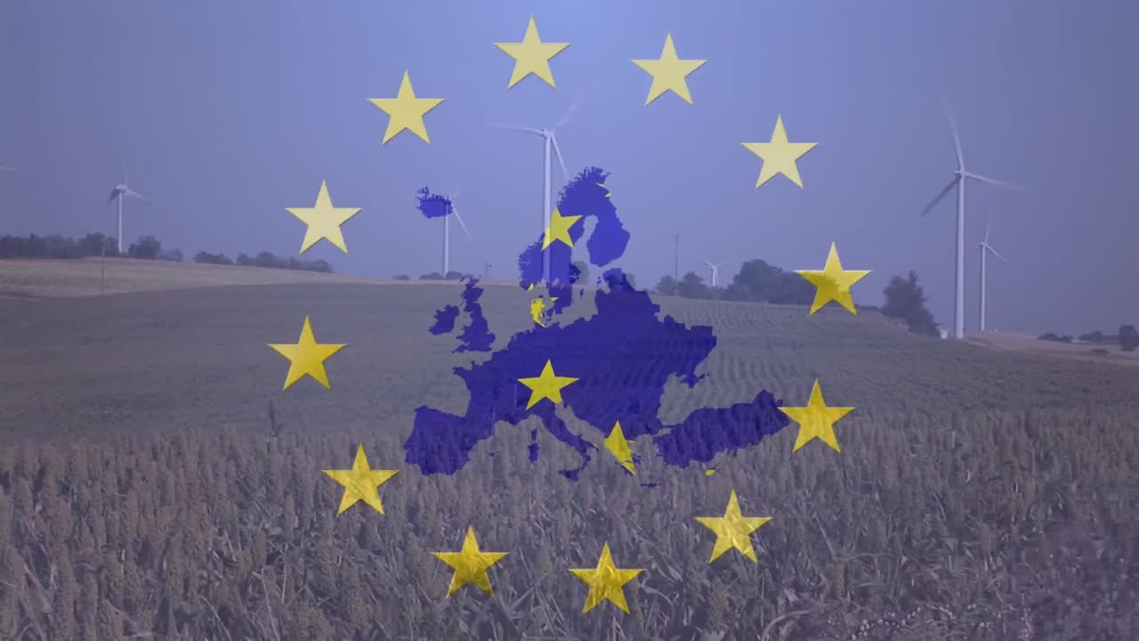Animation of european union flag over engineer using tablet and wind turbine in field