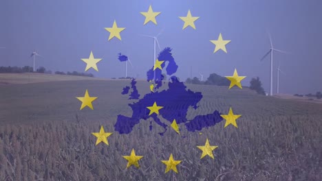 Animation-Der-Flagge-Der-Europäischen-Union-über-Einem-Ingenieur,-Der-Ein-Tablet-Und-Eine-Windkraftanlage-Im-Feld-Verwendet