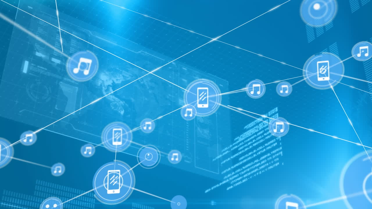 아이콘과 데이터 처리로 연결 네트워크의 애니메이션