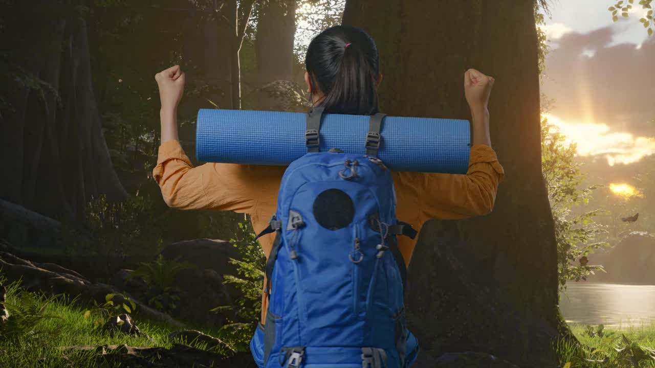 해가 뜨면 숲에서 산책하는 여자